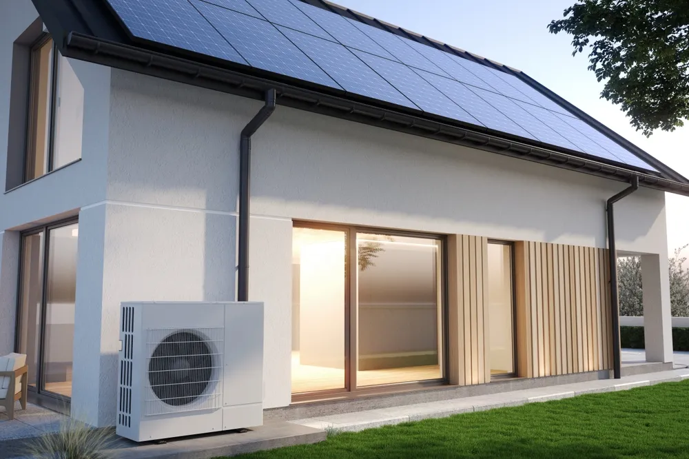 Heat,Pump,Next,To,The,House,And,Solar,Panels,On